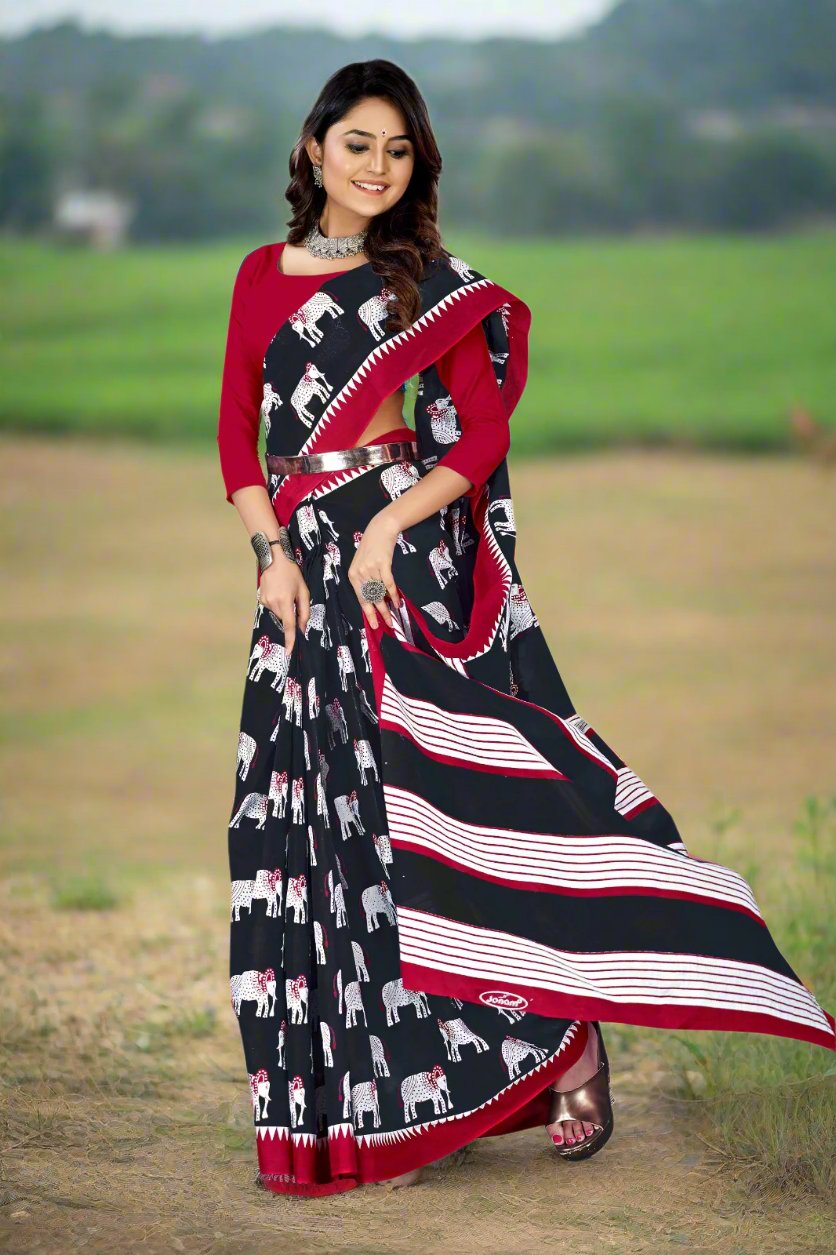 Traditional black and maroon batik cotton saree, perfect for cultural events and ceremonies.