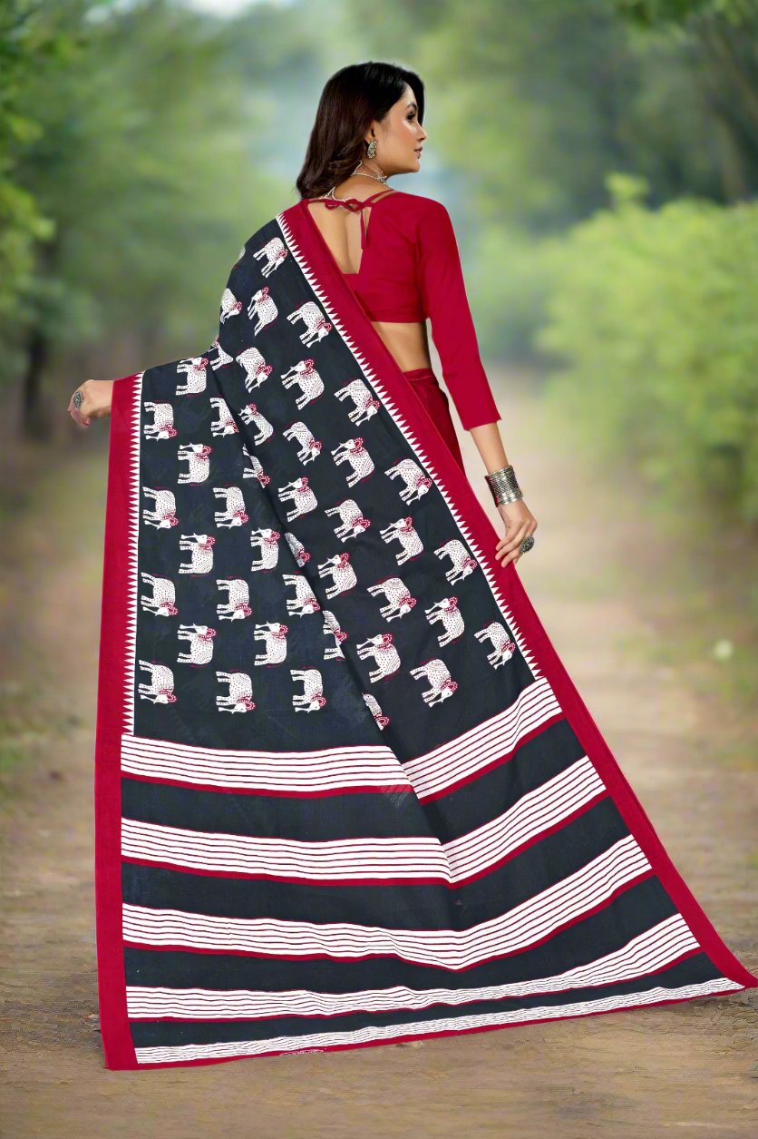 Stylish black and maroon batik cotton saree with intricate designs, ideal for cultural celebrations.