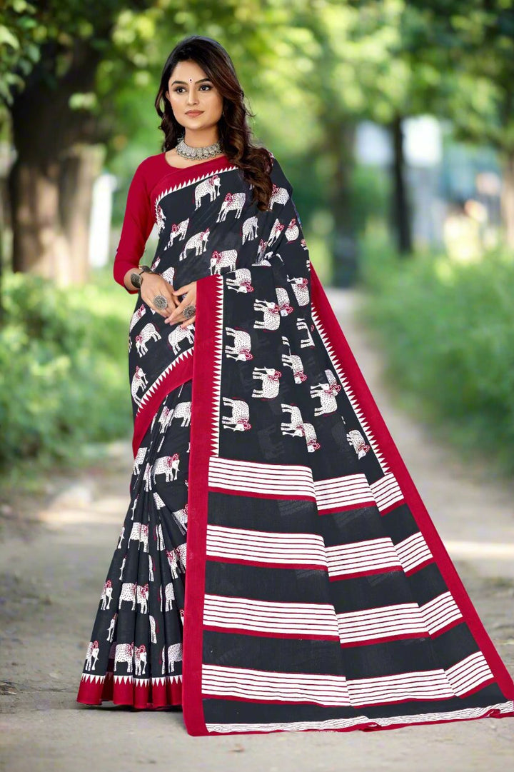 Elegant black and maroon batik print cotton saree, perfect for traditional Indian events.