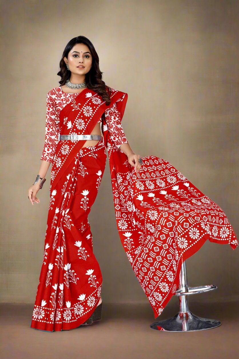 Beautiful red Batik print saree, a perfect blend of tradition and modern style for weddings.