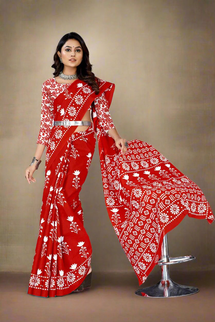 Beautiful red Batik print saree, a perfect blend of tradition and modern style for weddings.