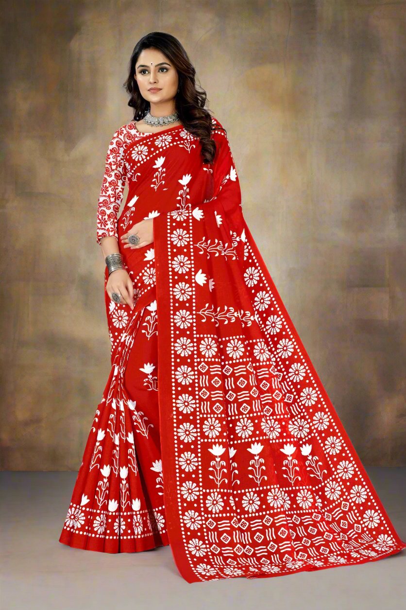 Stunning red Batik print cotton saree, perfect for a fancy Indian wedding.