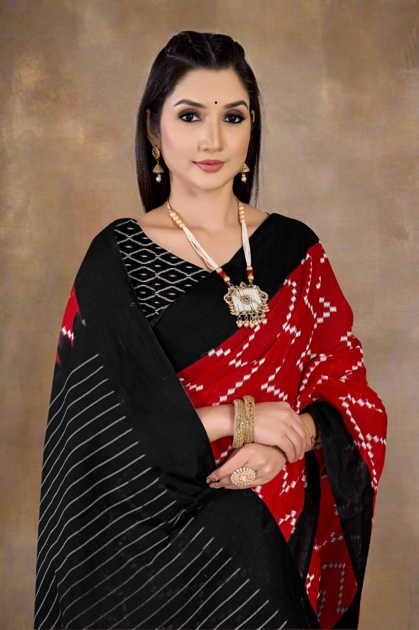 Handcrafted red and black Batik cotton saree, perfect for elegant occasions.