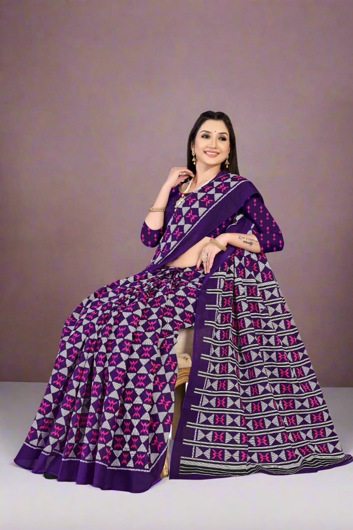 Beautiful dark purple batik saree, crafted from soft cotton, perfect for traditional celebrations.