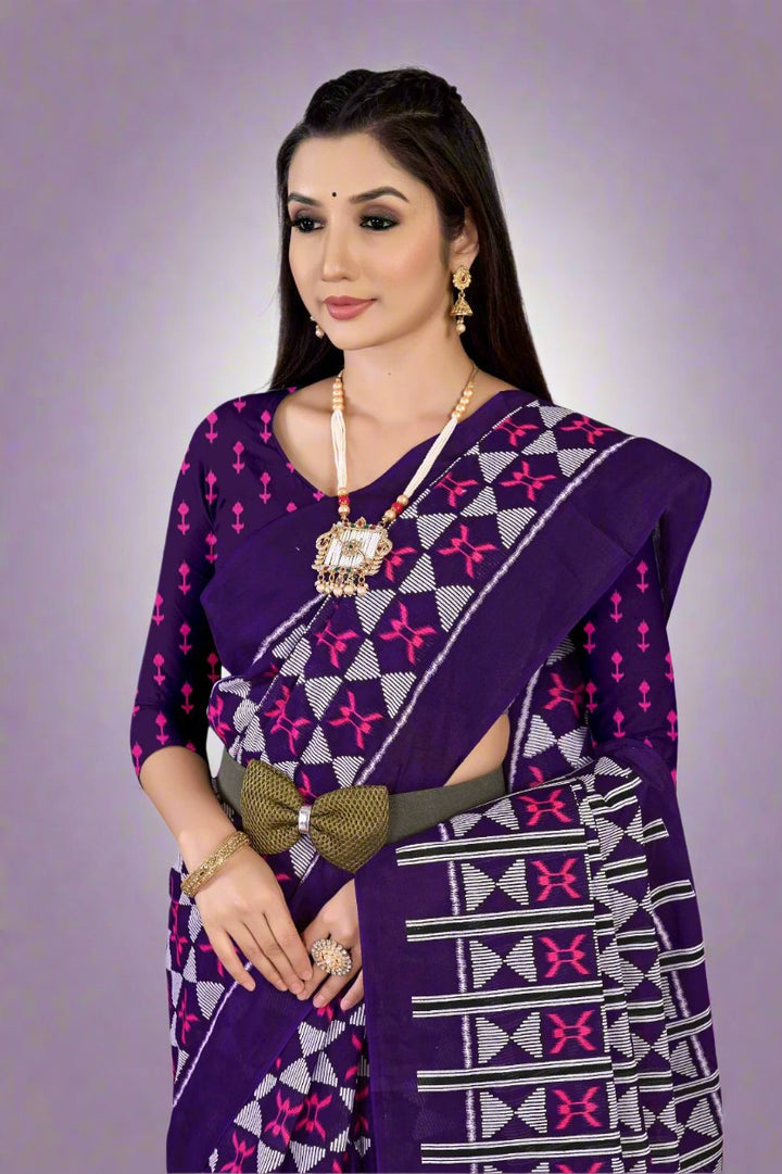 Timeless dark purple saree with intricate batik designs, a perfect choice for cultural events.