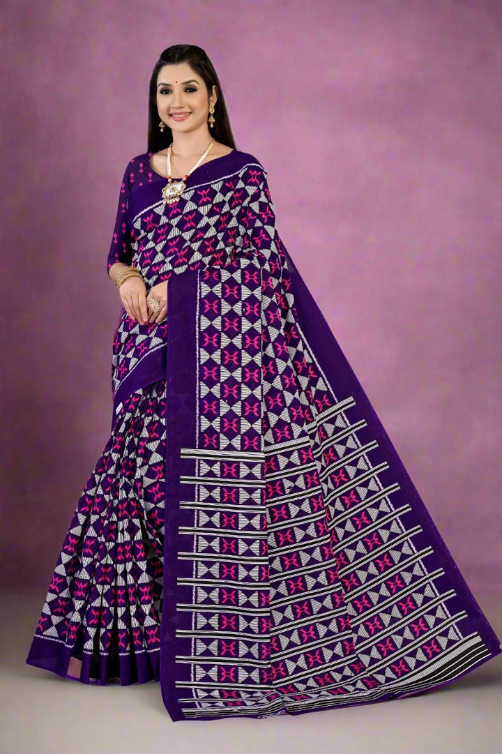 Dark purple batik print cotton saree, perfect for traditional Indian events and ceremonies.