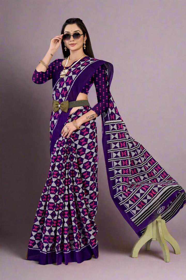 Gorgeous dark purple batik print saree, a sophisticated choice for Indian festivals.