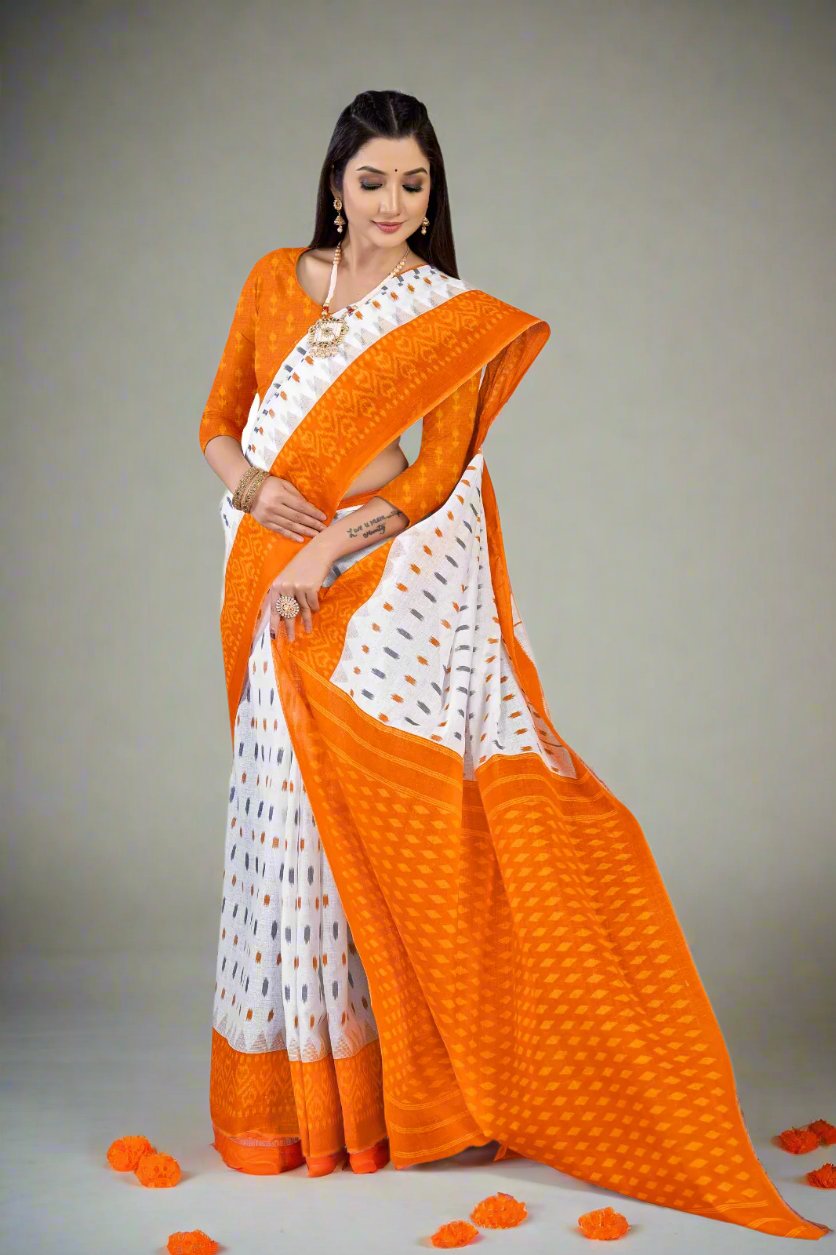 Elegant white and orange saree with batik designs, ideal for festive occasions.