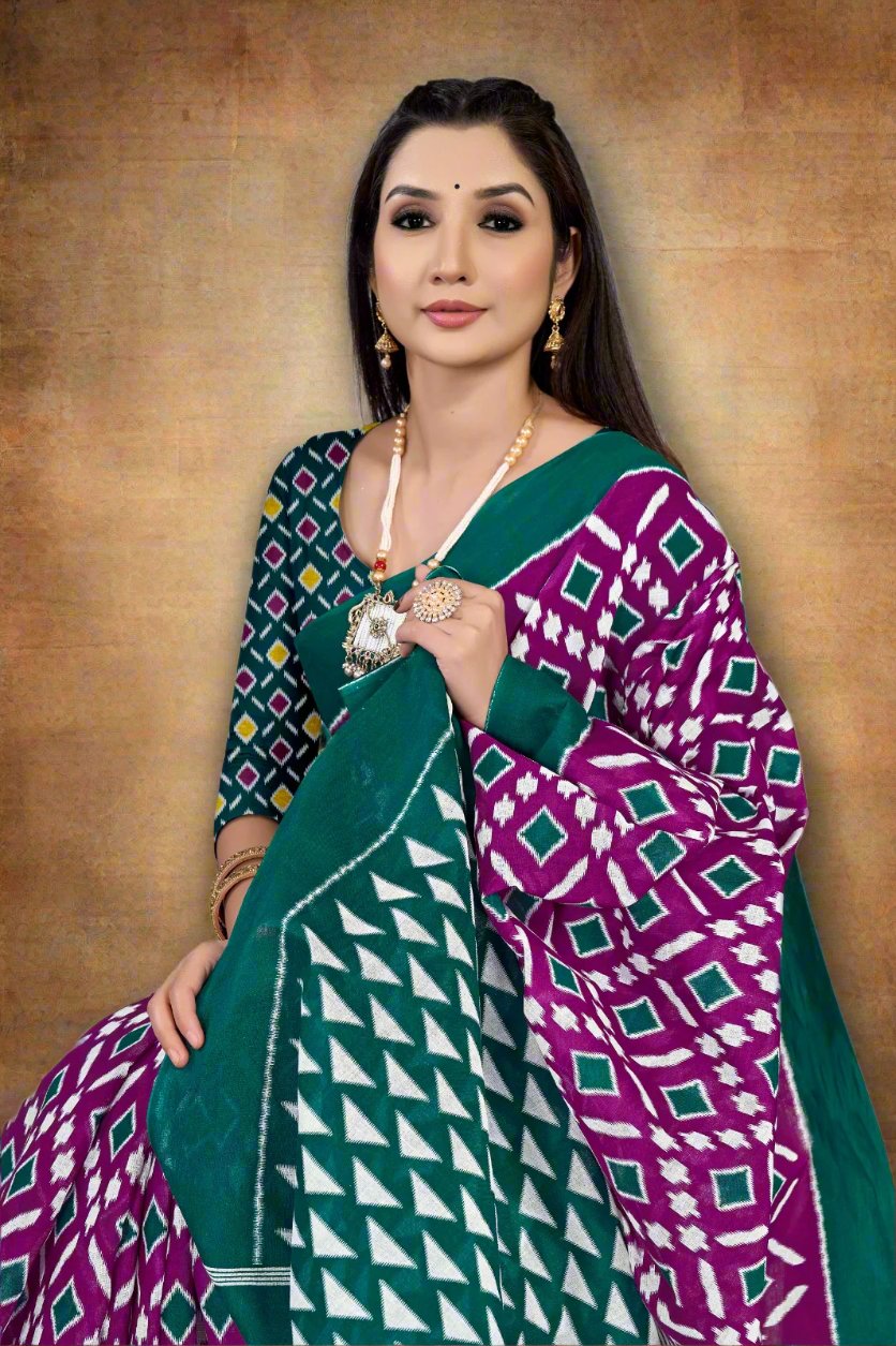 Timeless green and purple batik cotton saree, ideal for festive and formal occasions.