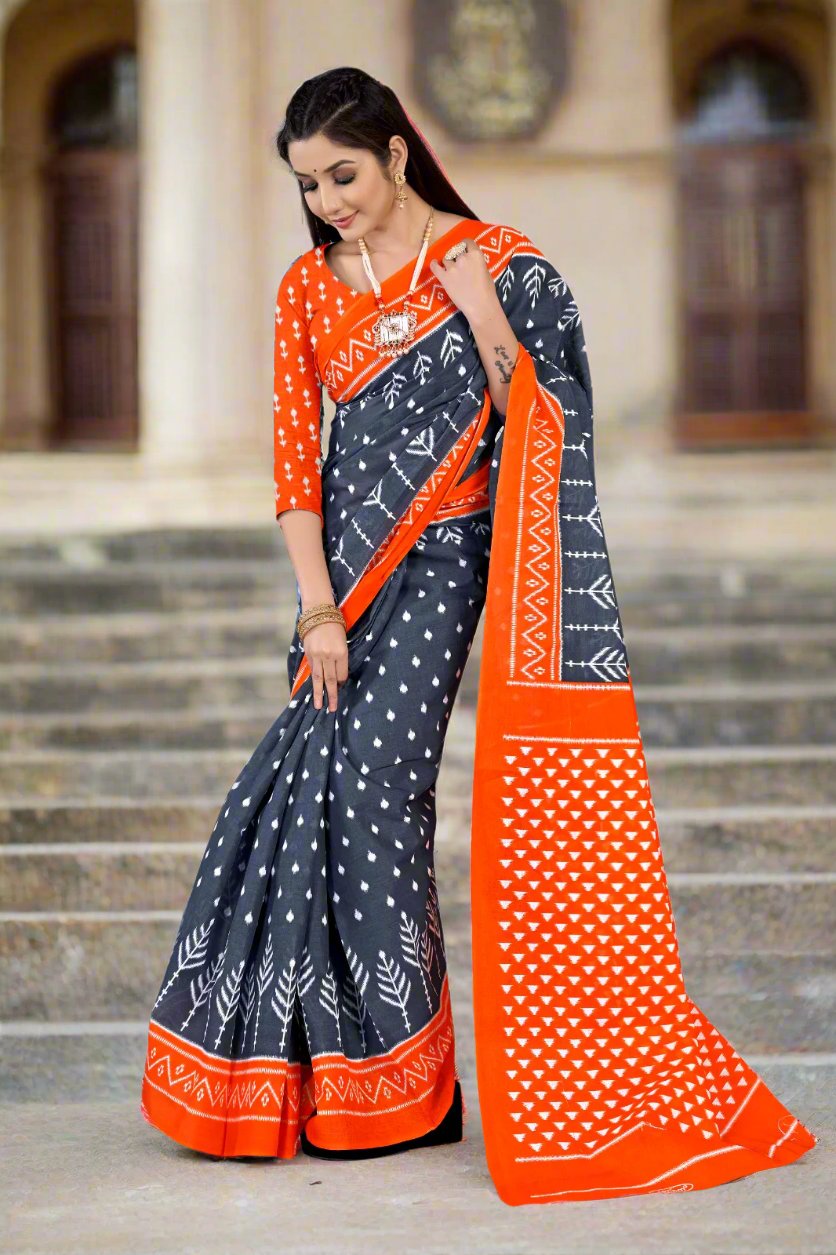 gray batik cotton saree with intricate designs, perfect for traditional celebrations and events.