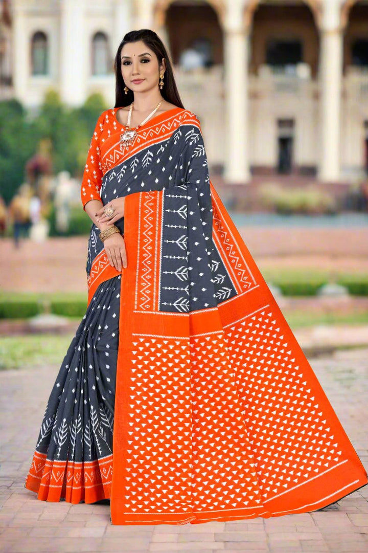 Elegant gray batik cotton saree, perfect for traditional Indian wear and cultural celebrations.