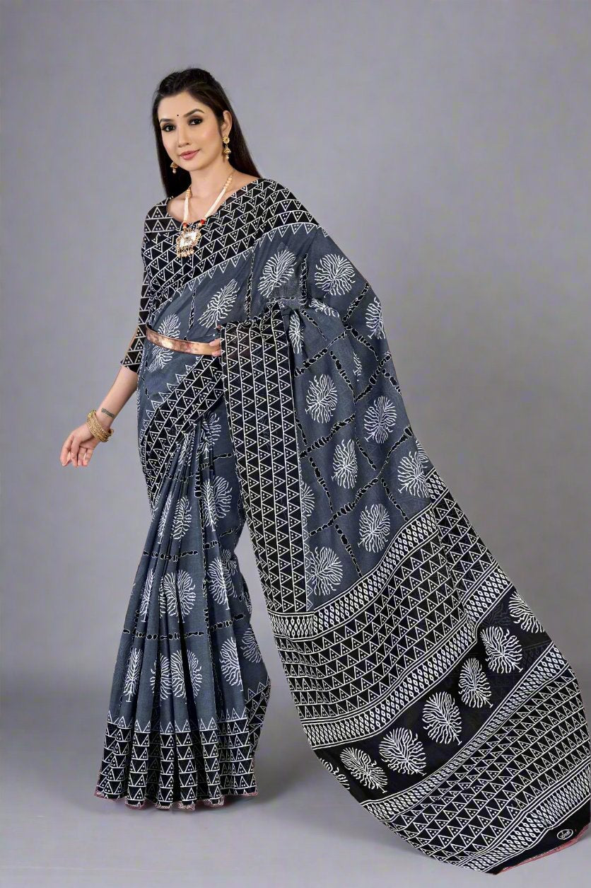 Designer gray batik saree, perfect for cultural events and special celebrations.