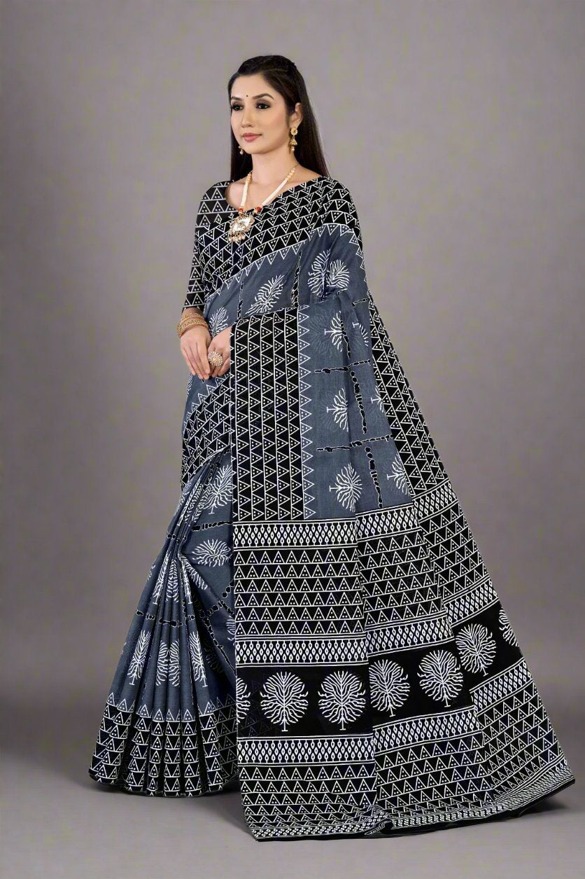 Graceful gray batik cotton saree, perfect for designer wear and elegant Indian celebrations.