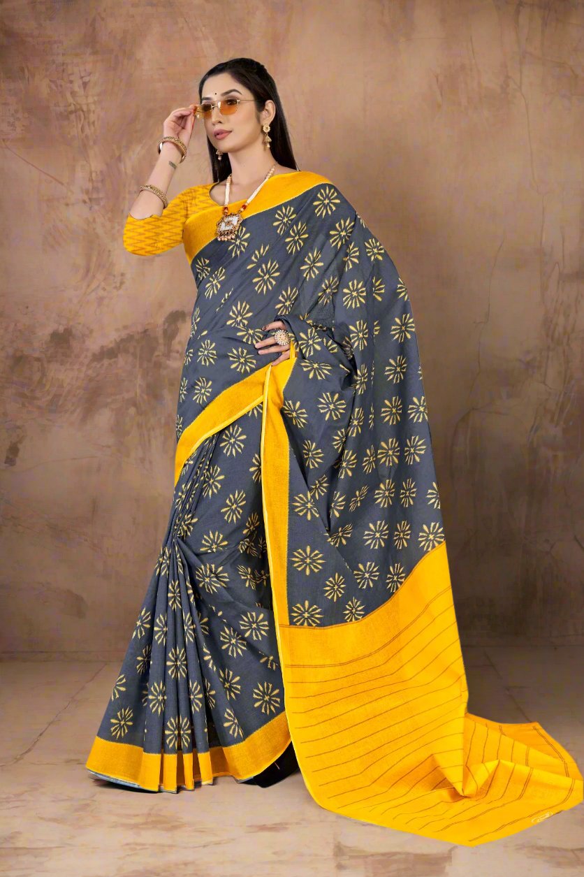 Elegant golden and gray saree, crafted from cotton, perfect for weddings and celebrations.