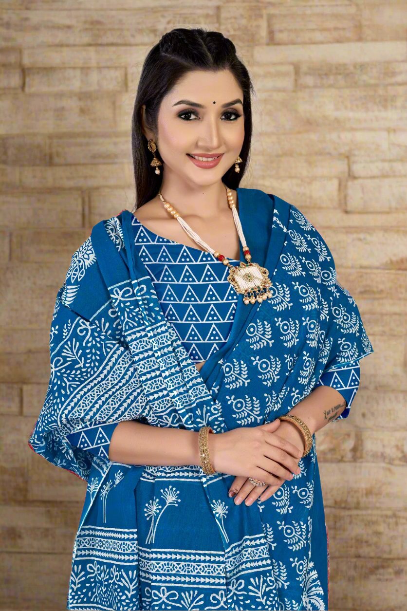 Unique electric blue batik cotton saree, ideal for weddings and festive celebrations.