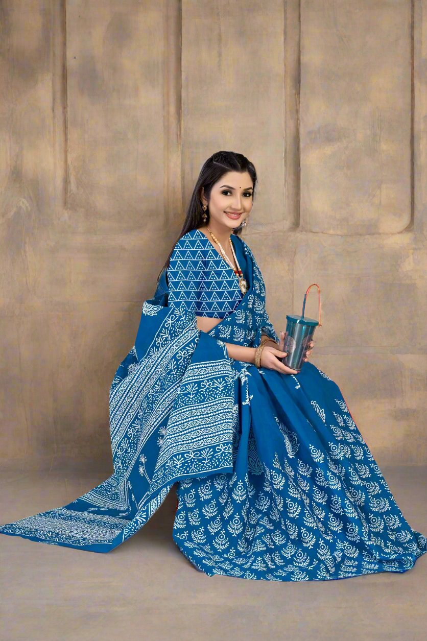 Electric blue batik saree, a perfect blend of Indian craftsmanship and modern design.