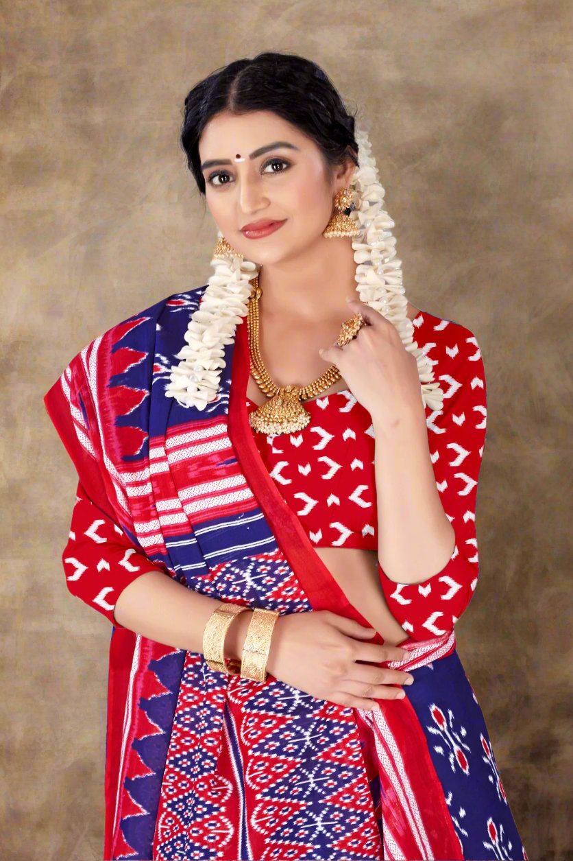 Designer navy blue and red batik saree, ideal for special occasions and cultural celebrations.