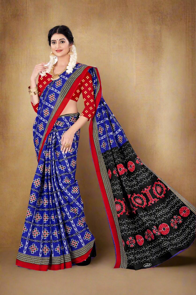 Stylish blue batik print cotton saree, perfect for traditional Indian wear and festive occasions.