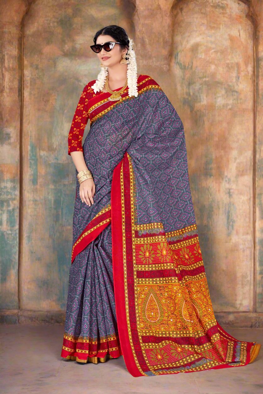 Sophisticated gray batik print saree, ideal for casual and formal cultural events.