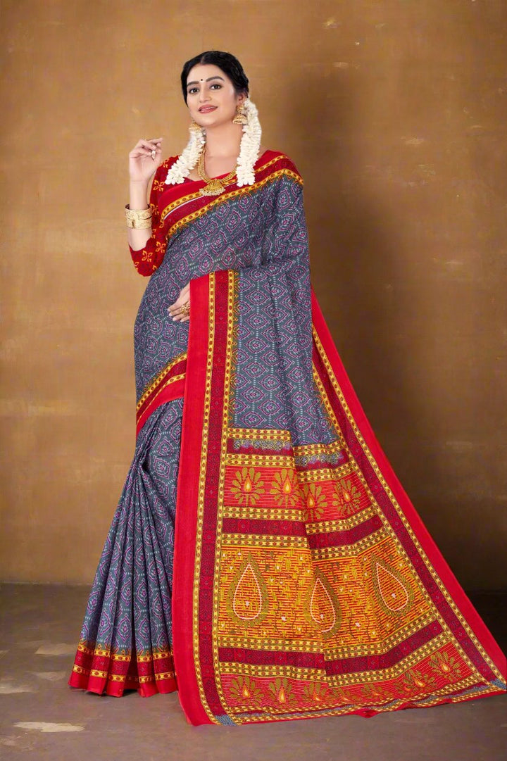 Subtle gray batik cotton saree, a modern take on traditional Indian saree designs, ideal for special events.