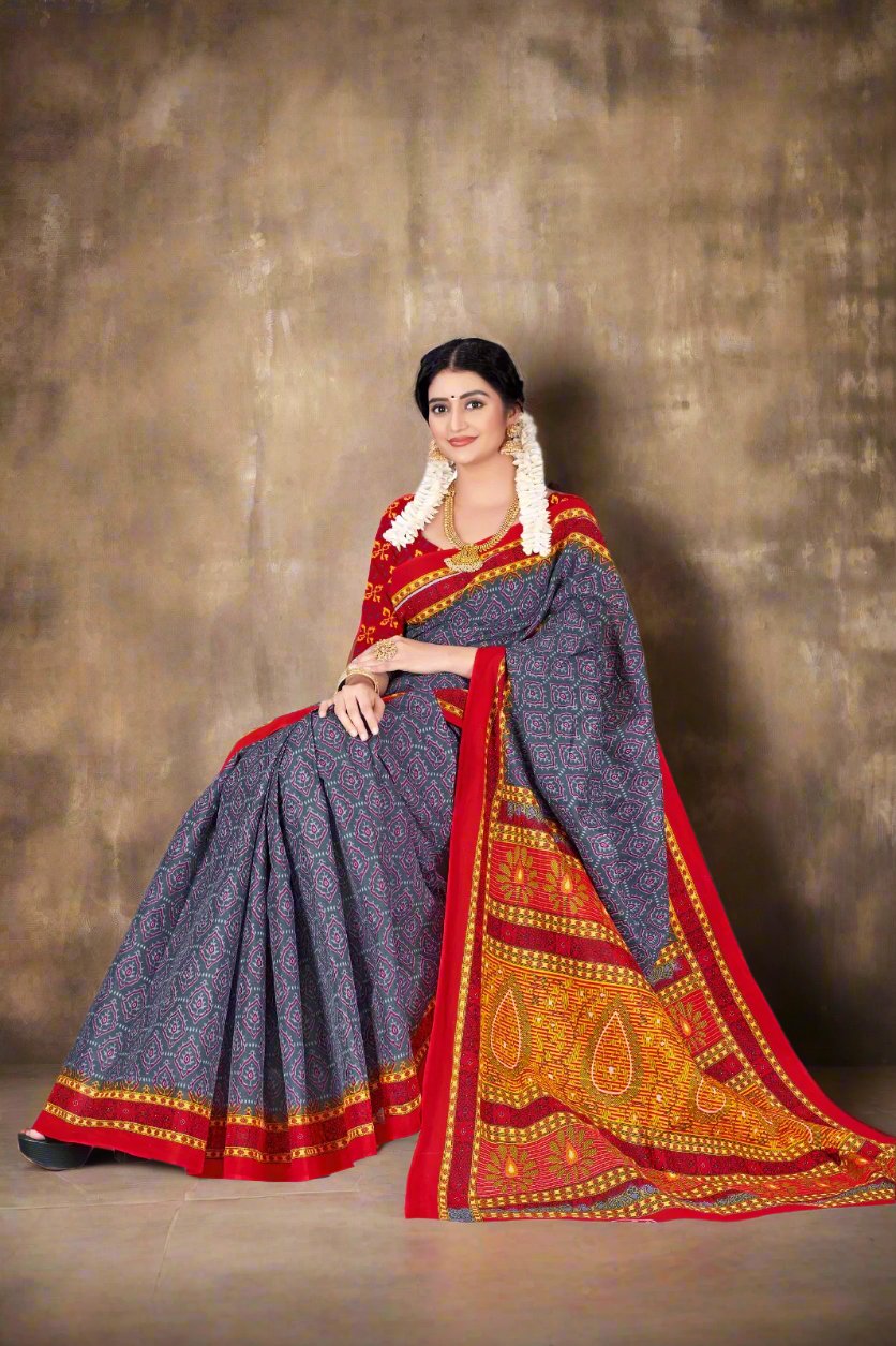 Stylish gray batik saree, perfect for modern festive celebrations and Indian weddings.