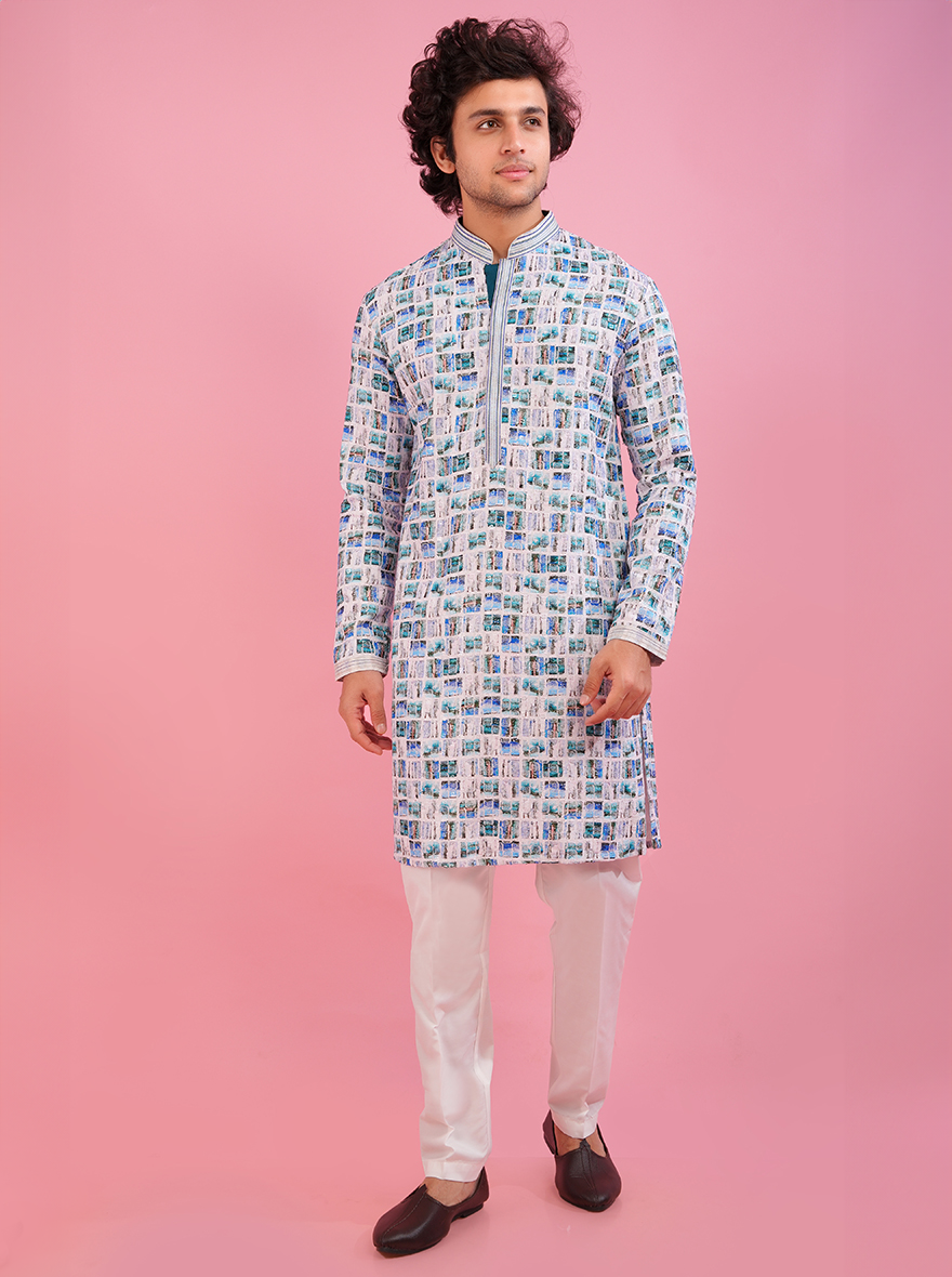 Comfortable white and blue kurta pajama for men, enhancing your ethnic wardrobe.