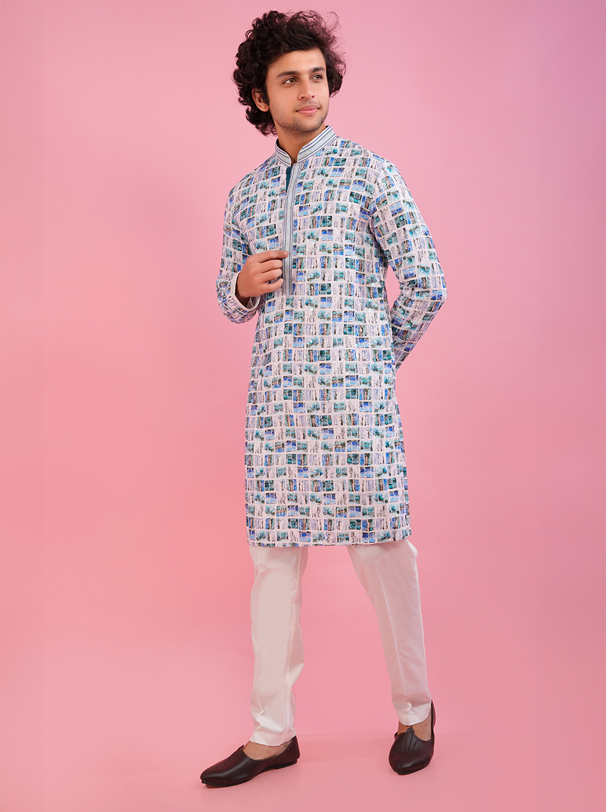 Fashionable silk blend kurta pajama, perfect for both festive celebrations and casual wear.