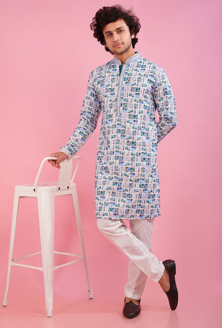 Exquisite white and blue silk blend kurta pajama, perfect for enhancing your festive style.