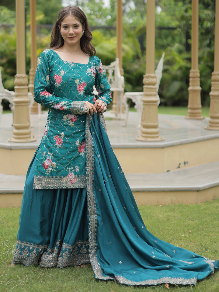 Attractive Teal Blue Sequins Chinon Palazzo Suit With Dupatta