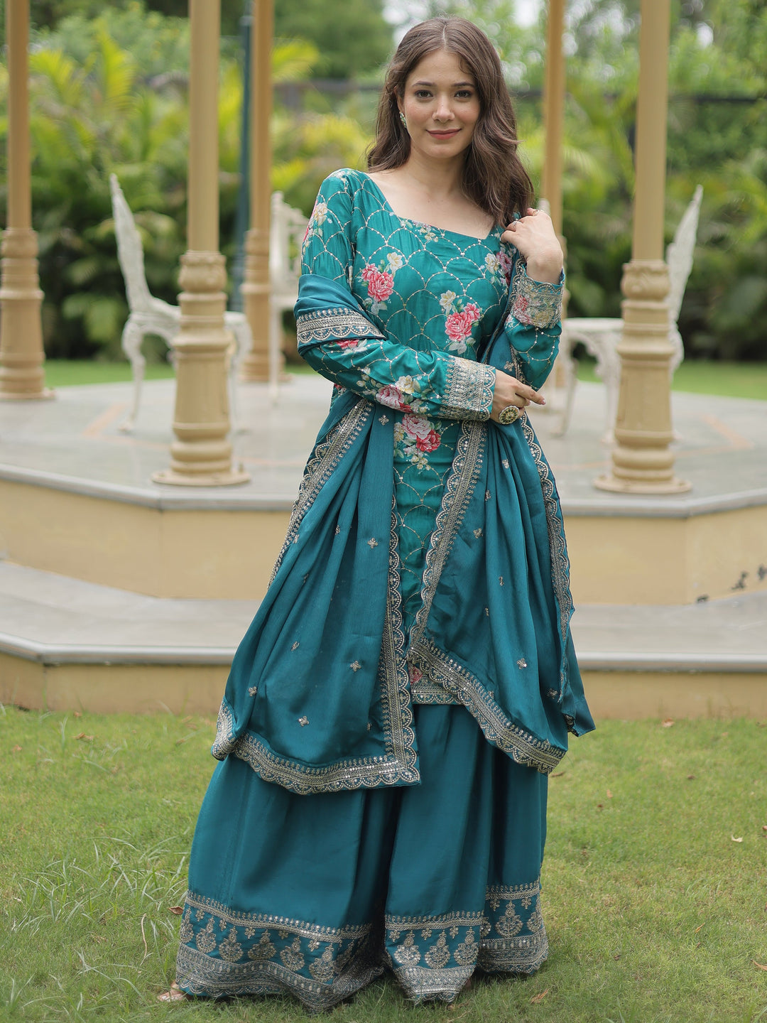 Attractive Teal Blue Sequins Chinon Palazzo Suit With Dupatta