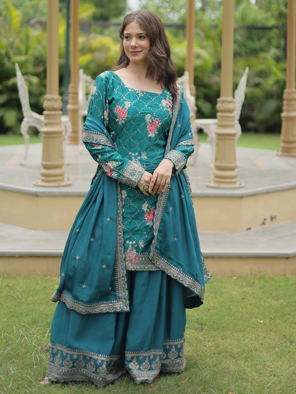 Attractive Teal Blue Sequins Chinon Palazzo Suit With Dupatta