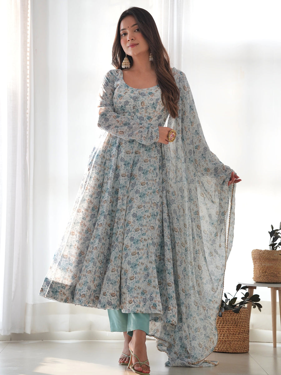 Captivating Off-White Digital Printed Chiffon Festival Wear Anarkali Suit