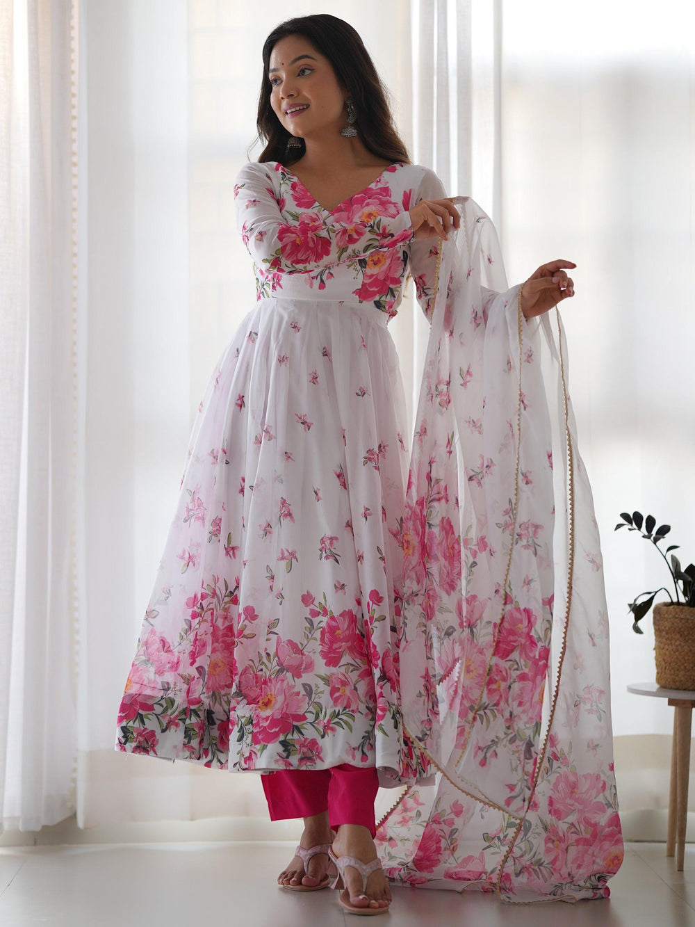 Beautiful White Floral Printed Organza Festival Wear Anarkali Suit