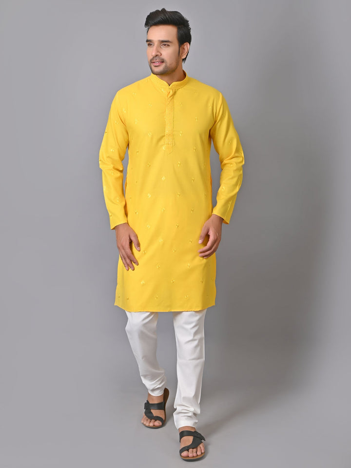 Solid Yellow Kurtas Set | Embroidered Cotton Blend Festive Wear