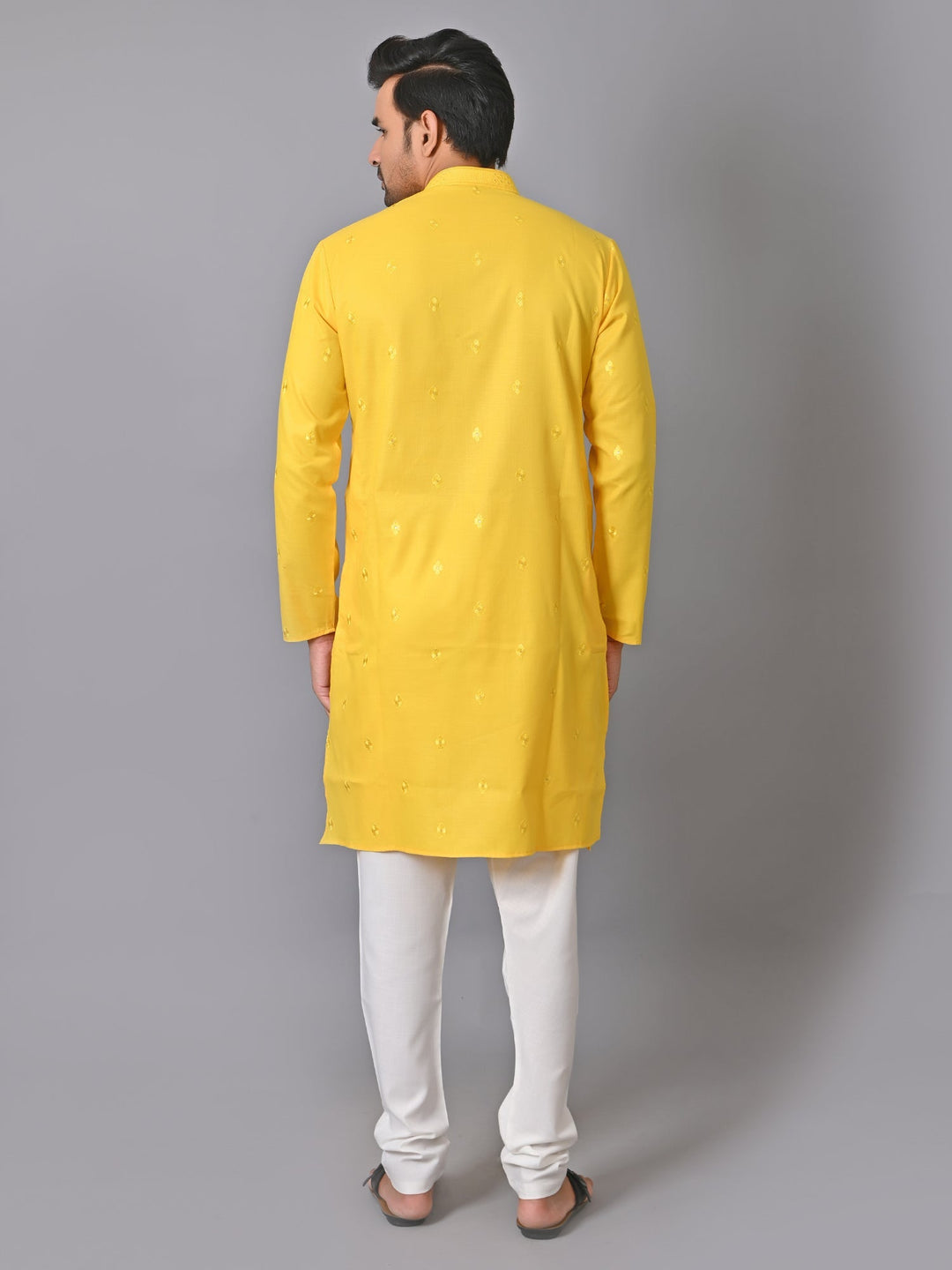 Solid Yellow Kurtas Set | Embroidered Cotton Blend Festive Wear