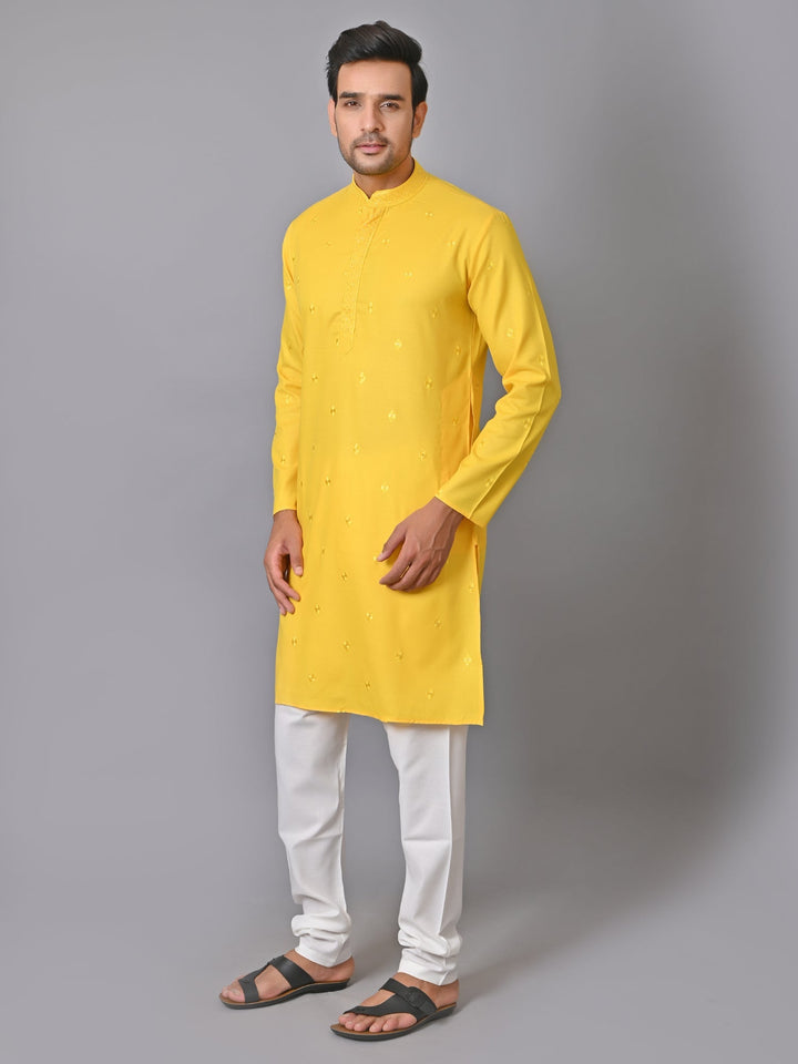 Solid Yellow Kurtas Set | Embroidered Cotton Blend Festive Wear