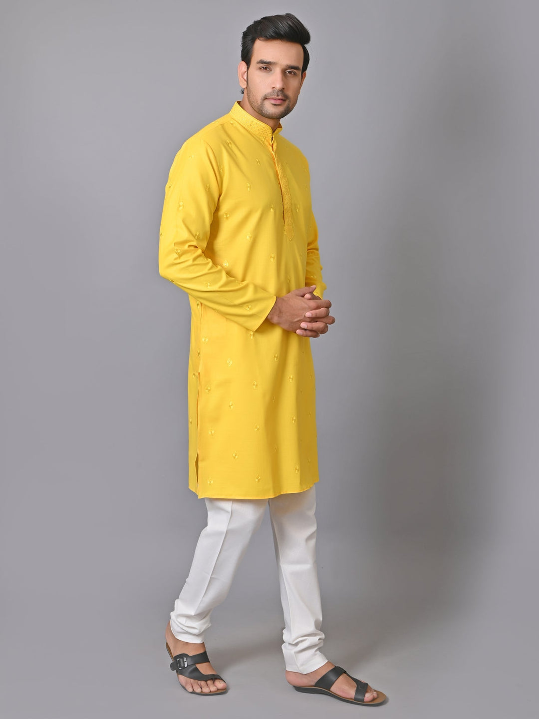 Solid Yellow Kurtas Set | Embroidered Cotton Blend Festive Wear