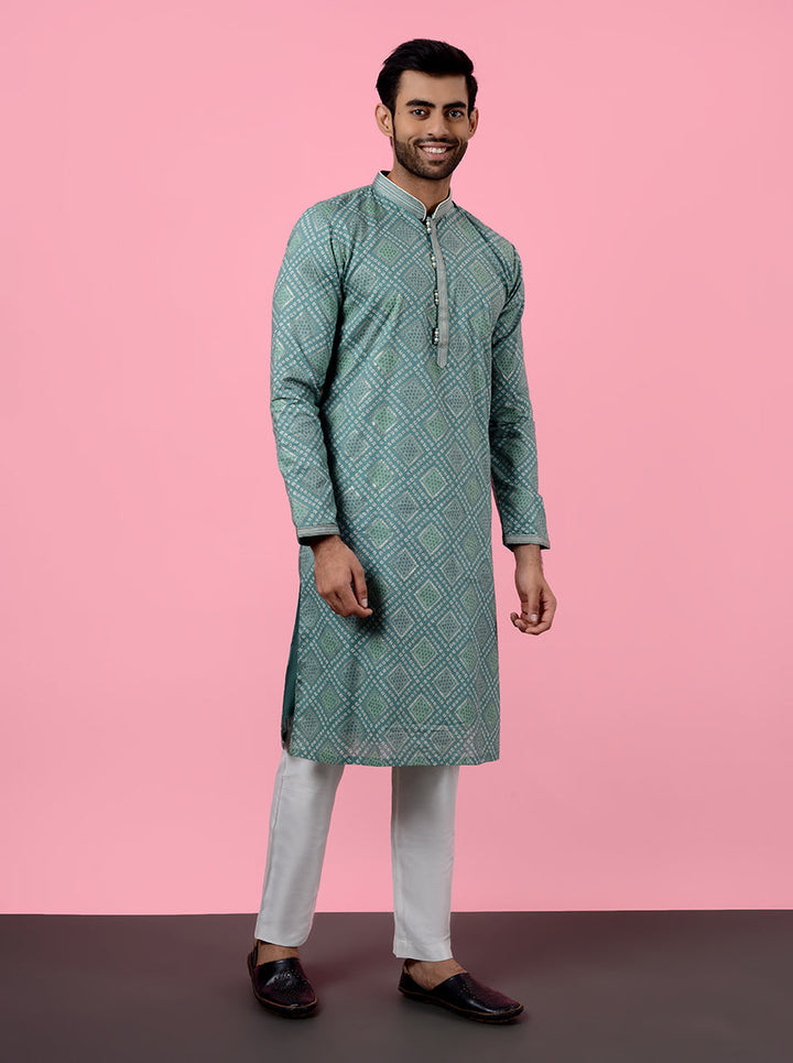 Men’s mint green embroidered kurta pajama, perfect for mehndi and pooja in the USA.