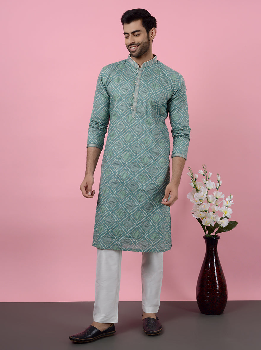 Silk blend mint green kurta pajama for pooja and mehndi in the USA, with exquisite embroidery.