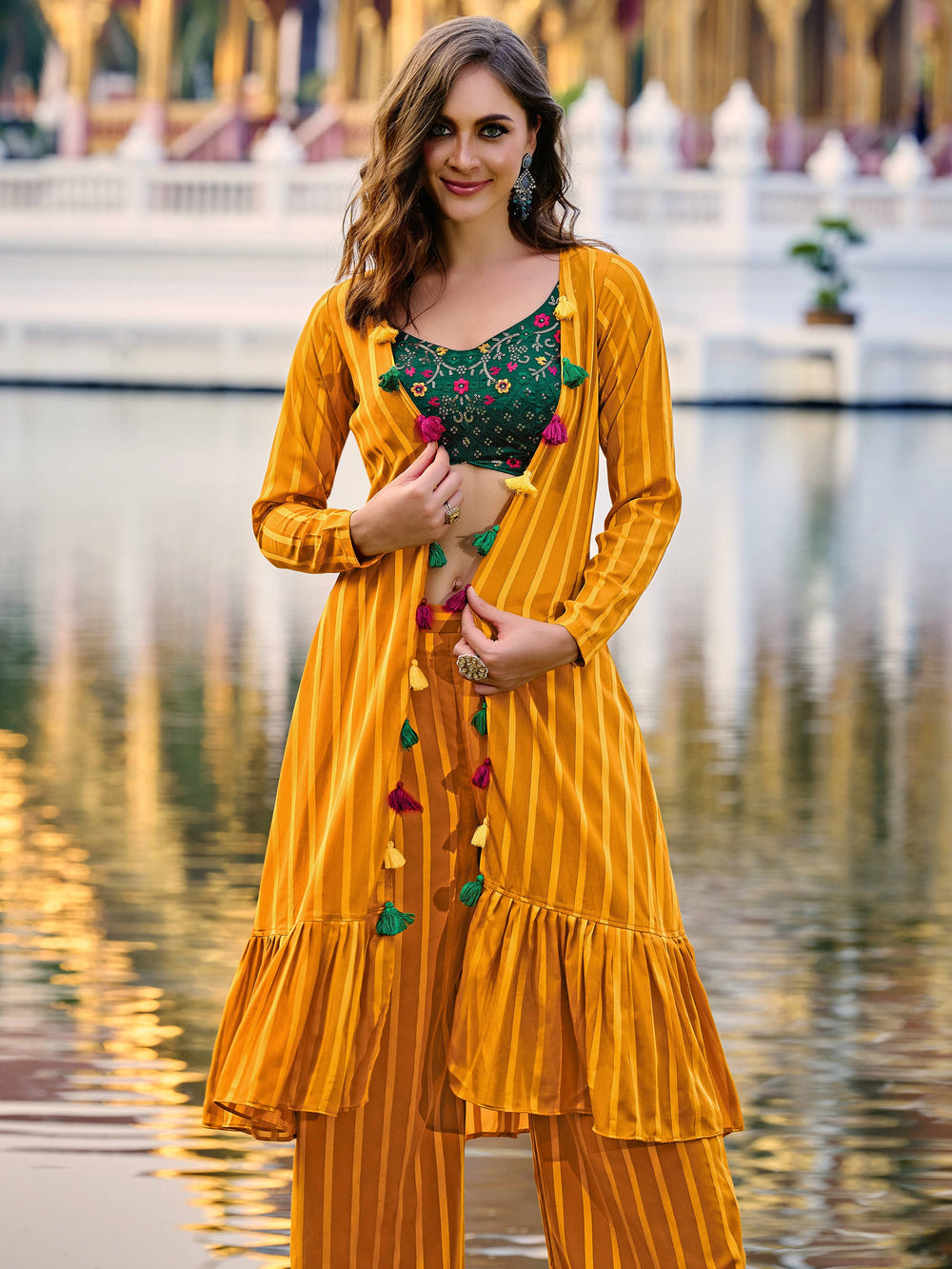 Attractive Yellow Embroidered Georgette Palazzo Suit With Jacket