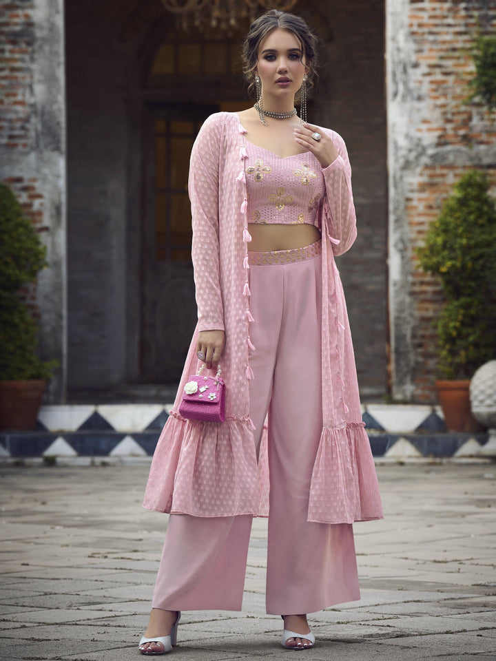 Gorgeous Dusty Pink Embroidered Georgette Palazzo Suit With Jacket