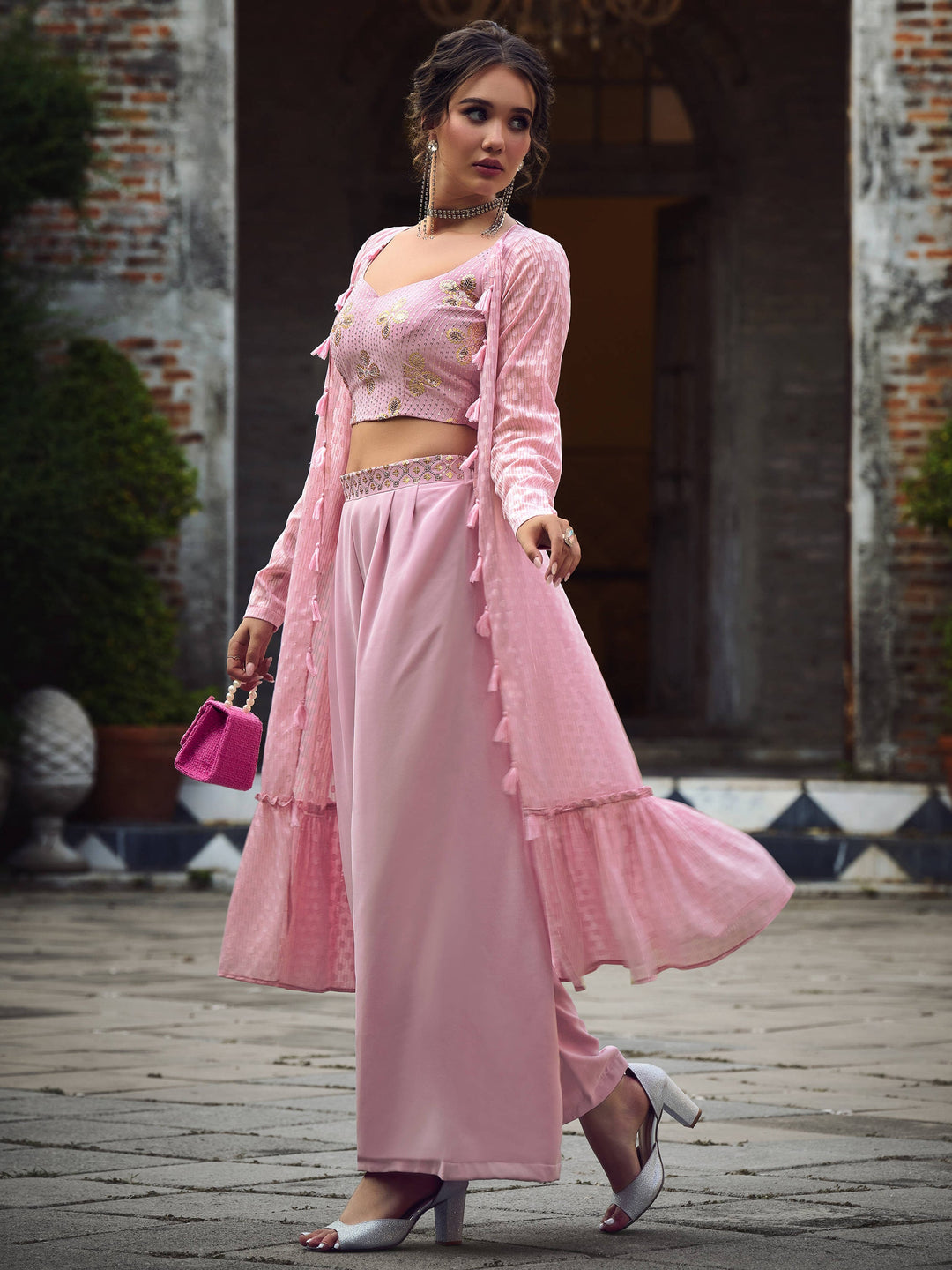 Gorgeous Dusty Pink Embroidered Georgette Palazzo Suit With Jacket