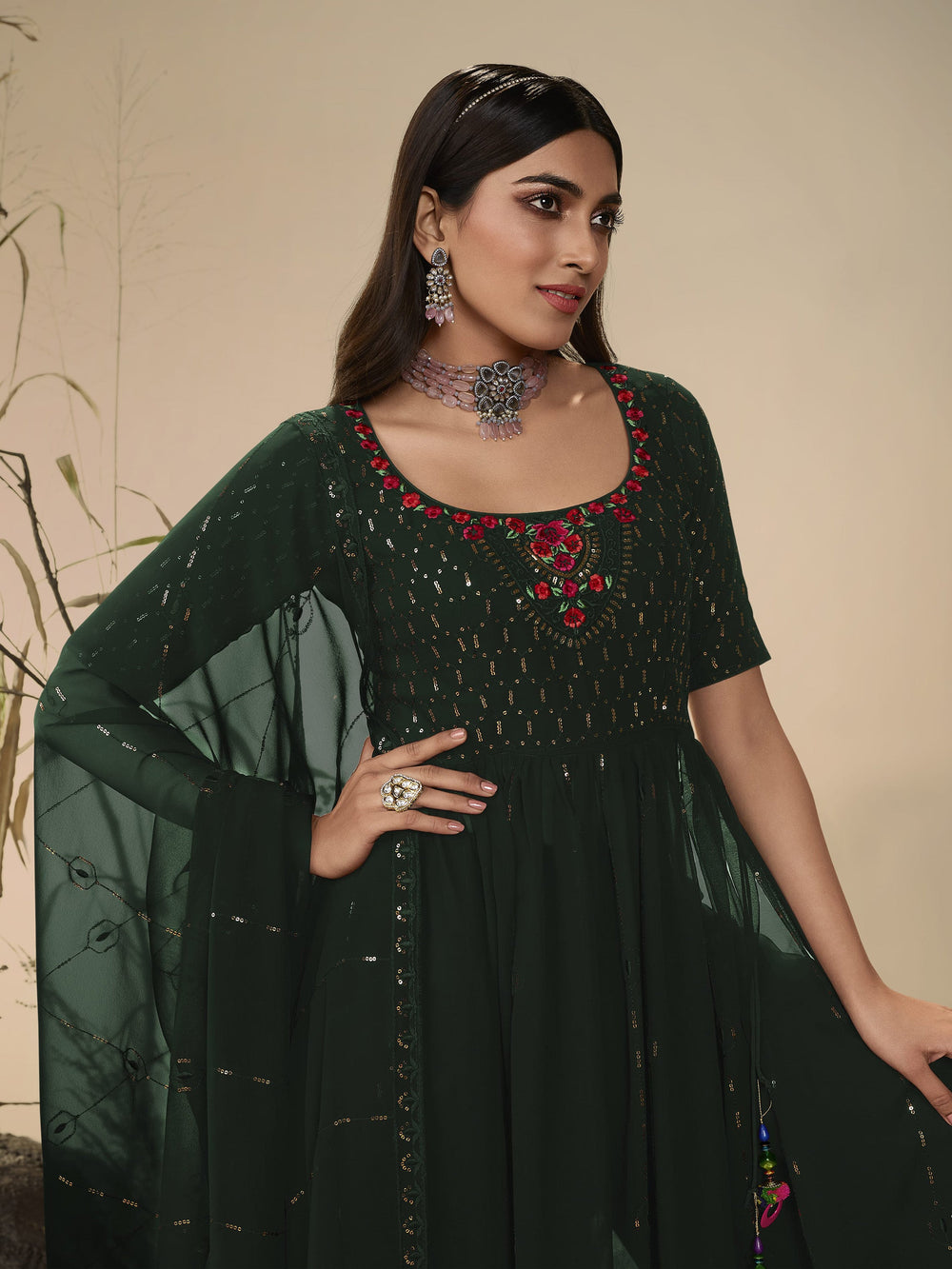 Beautiful Green Sequins Georgette Ready-Made Palazzo Suit