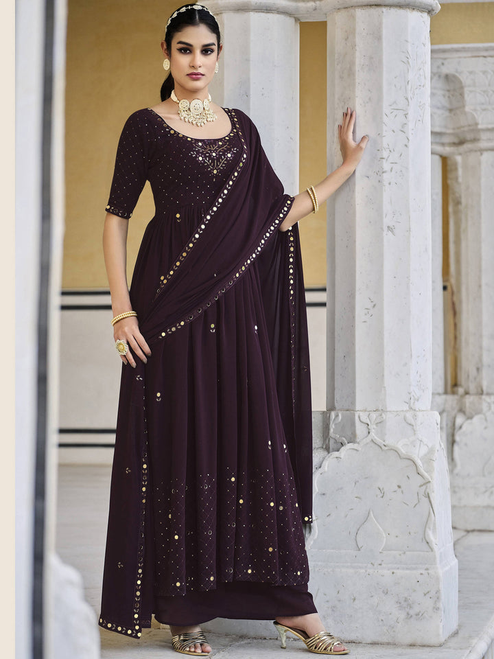 Wonderful Purple Sequins Embroidered Georgette Ready-To-wear Palazzo Suit