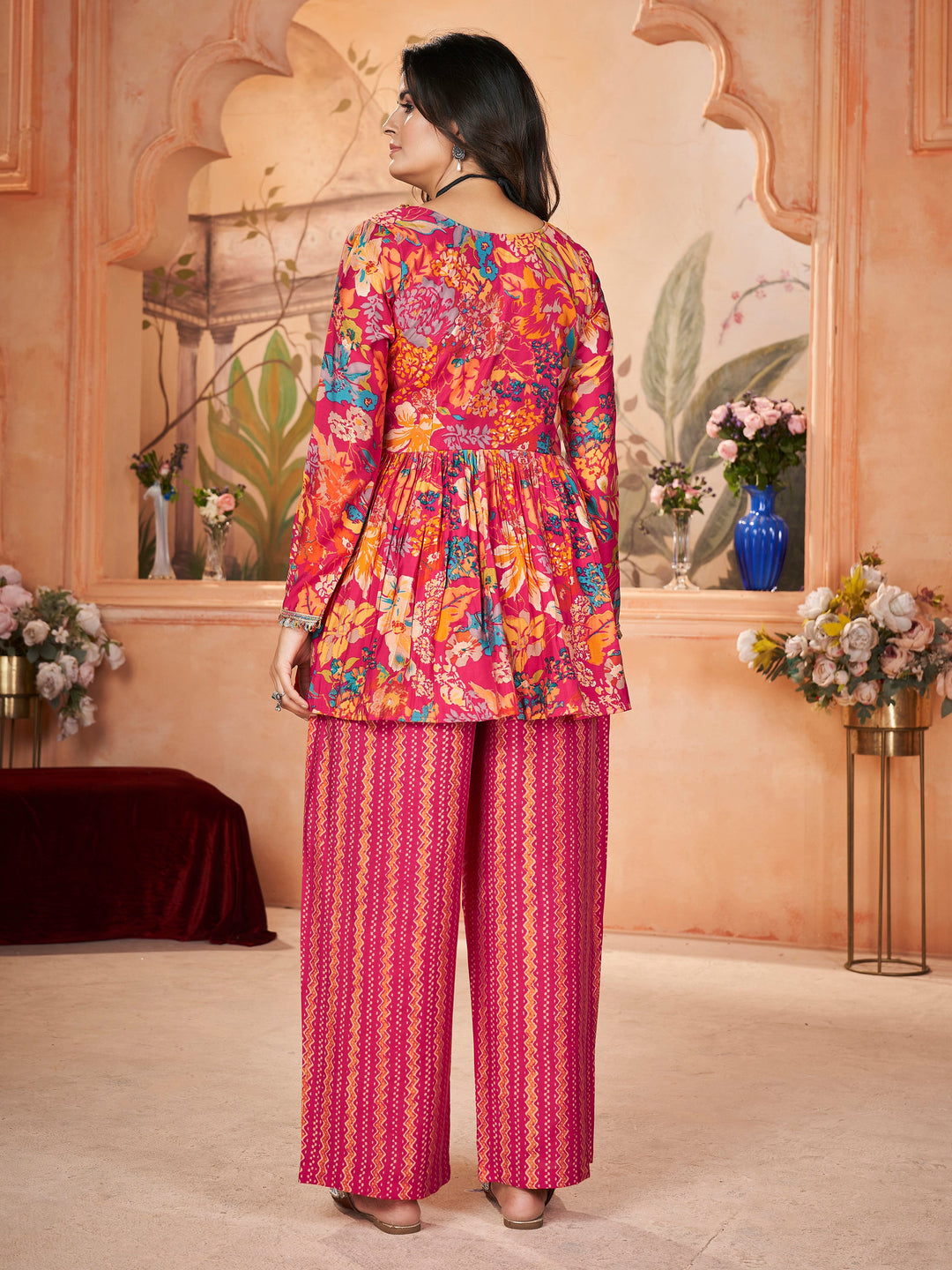 Captivating Pink Printed Silk Festival Wear Palazzo Suit With Dupatta