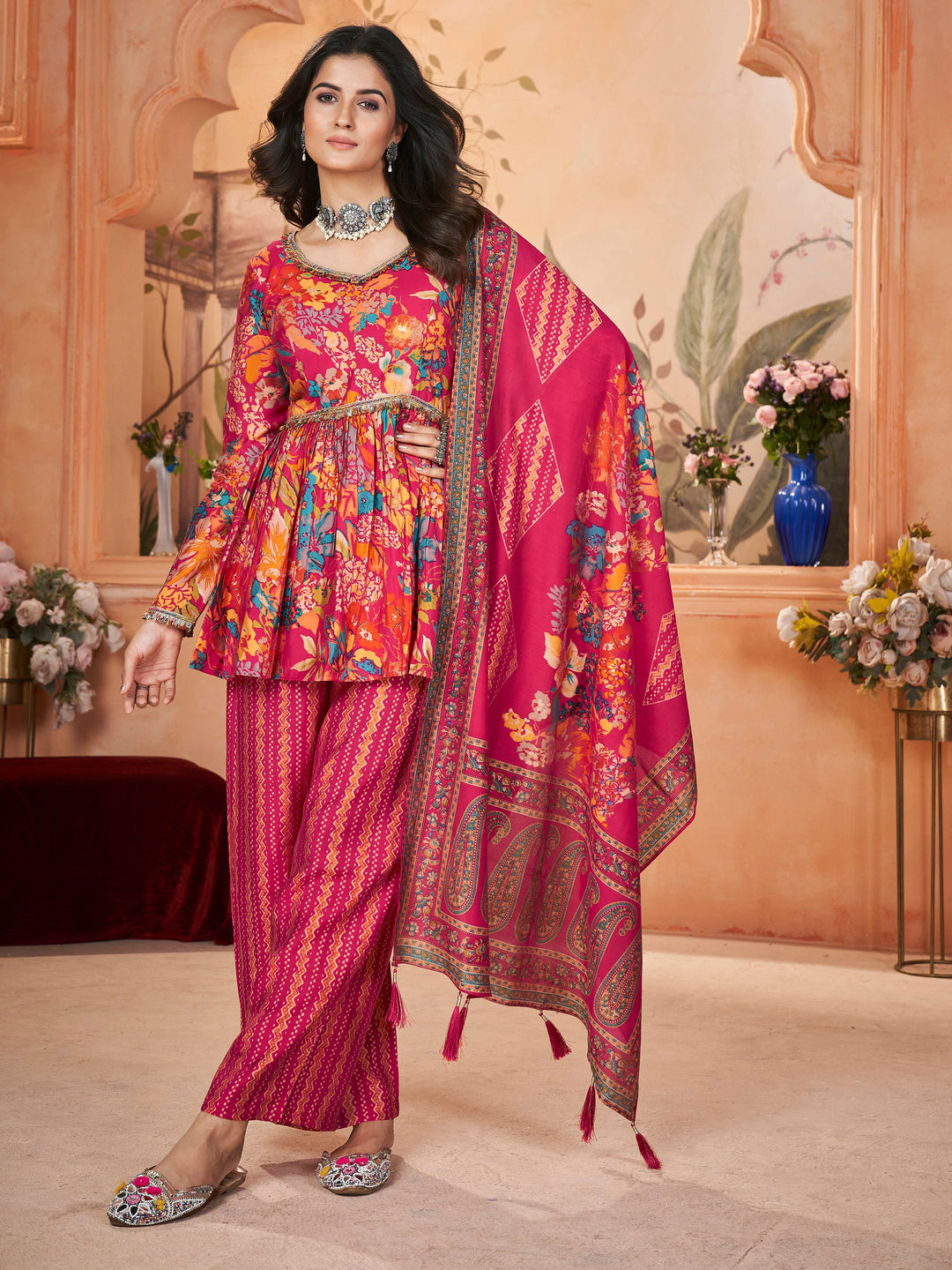 Captivating Pink Printed Silk Festival Wear Palazzo Suit With Dupatta