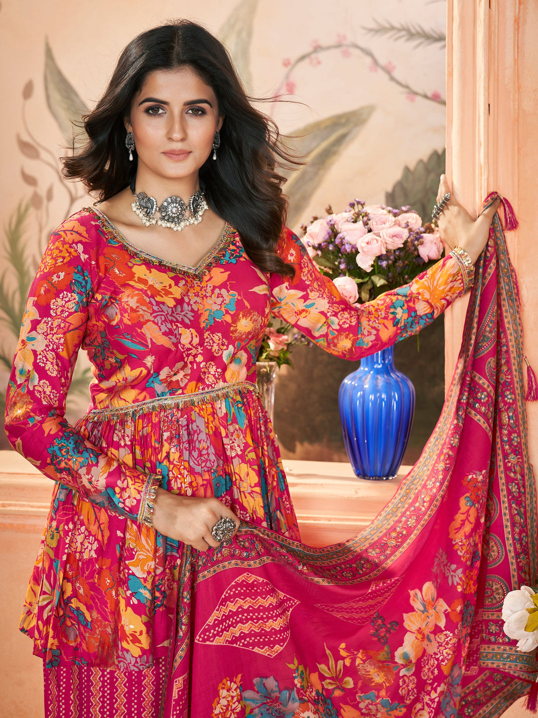 Captivating Pink Printed Silk Festival Wear Palazzo Suit With Dupatta