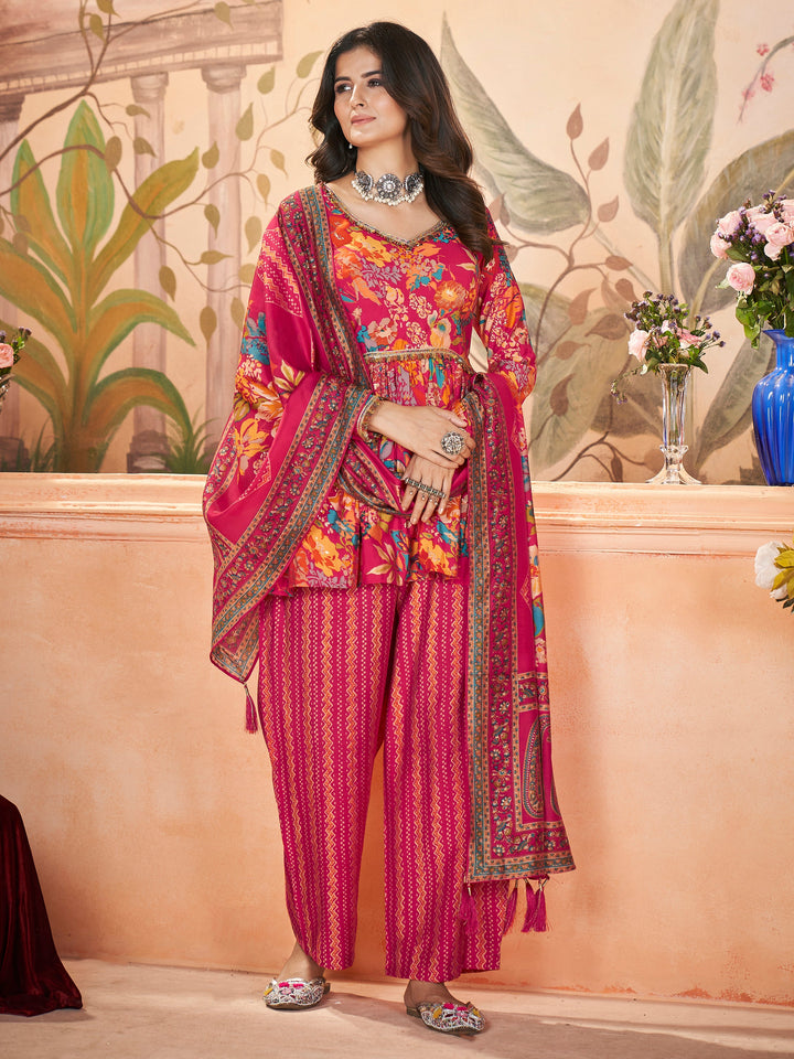 Captivating Pink Printed Silk Festival Wear Palazzo Suit With Dupatta