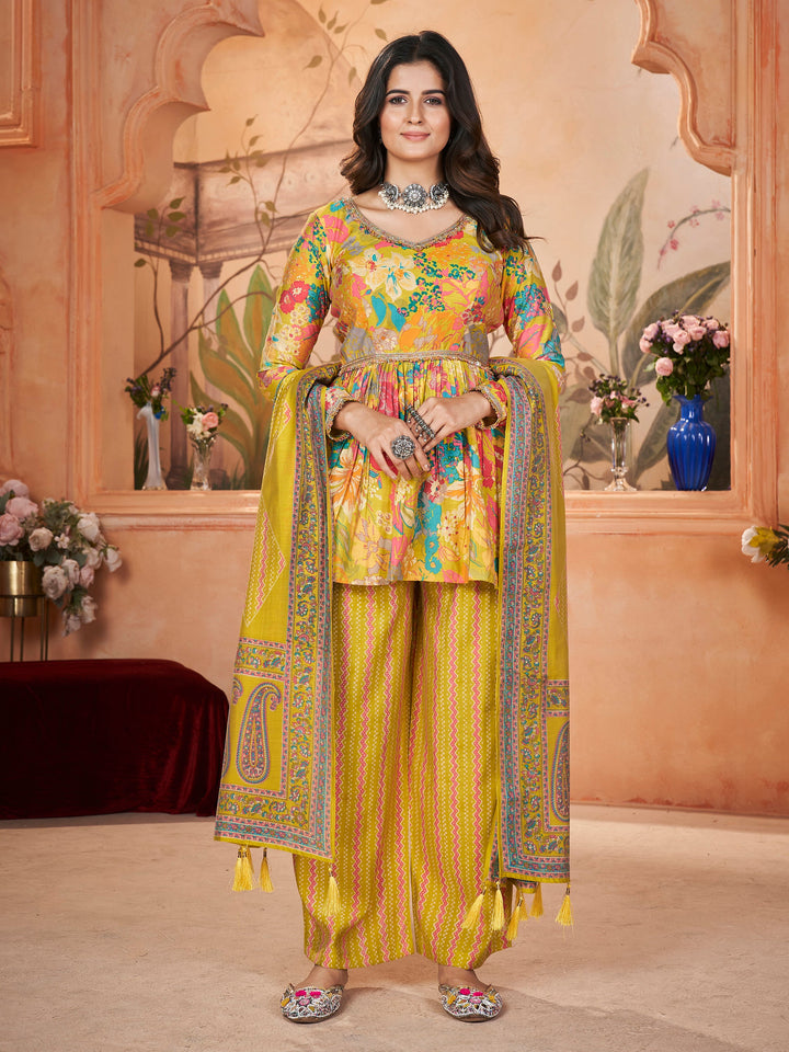 Tantalizing Yellow Printed Silk Traditional Palazzo Suit With Dupatta