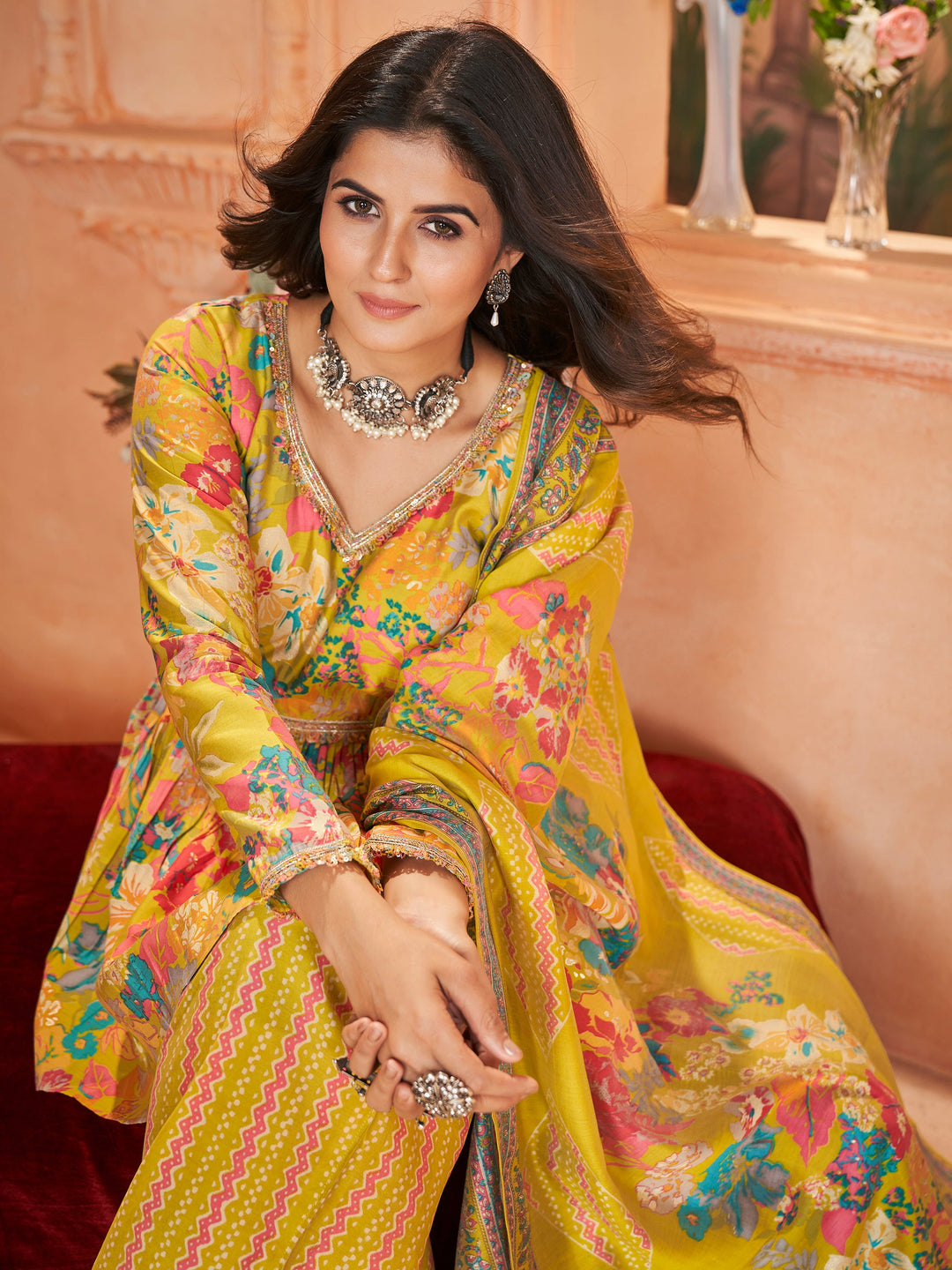 Tantalizing Yellow Printed Silk Traditional Palazzo Suit With Dupatta